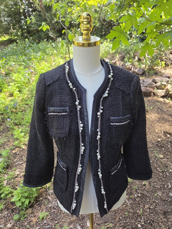 White House Black Market Jackets & Blazers - White House Black Market‎ Black Tweed Pearl Trim Jacket Size 6